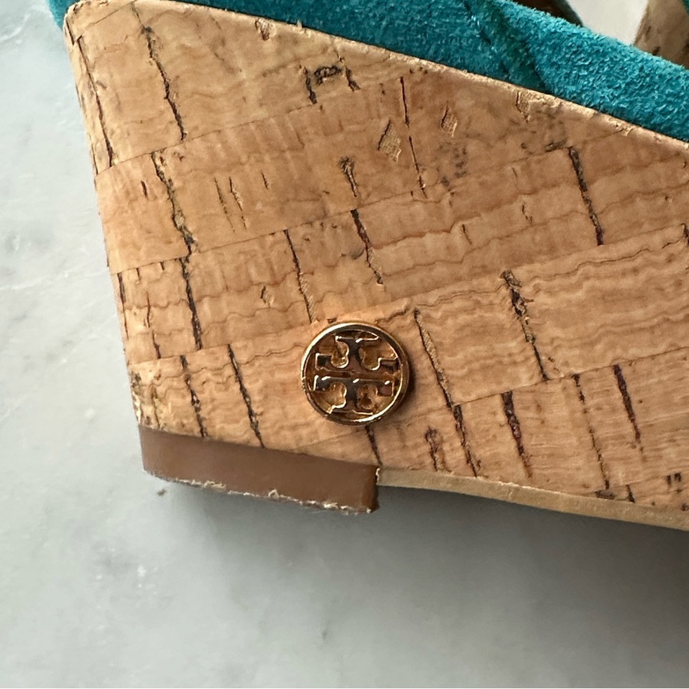 Tory Burch Savannah Teal Suede Cork Wedges - Picture 4 of 7